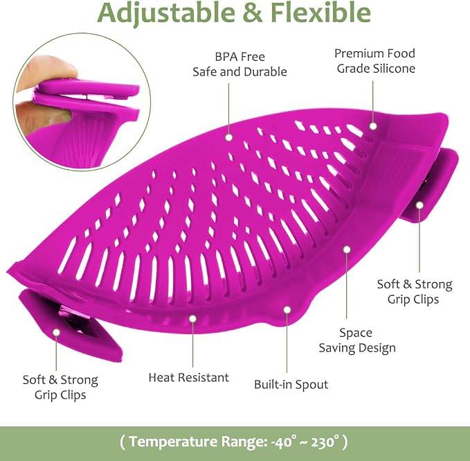 YEVIOR Clip on Strainer for Pots Pan Pasta | Food-grade BPA-free,Kitchen Food Strainer for Spaghetti, Pasta,Vegetable Fruits Fits All Bowls and Pots (Purple)