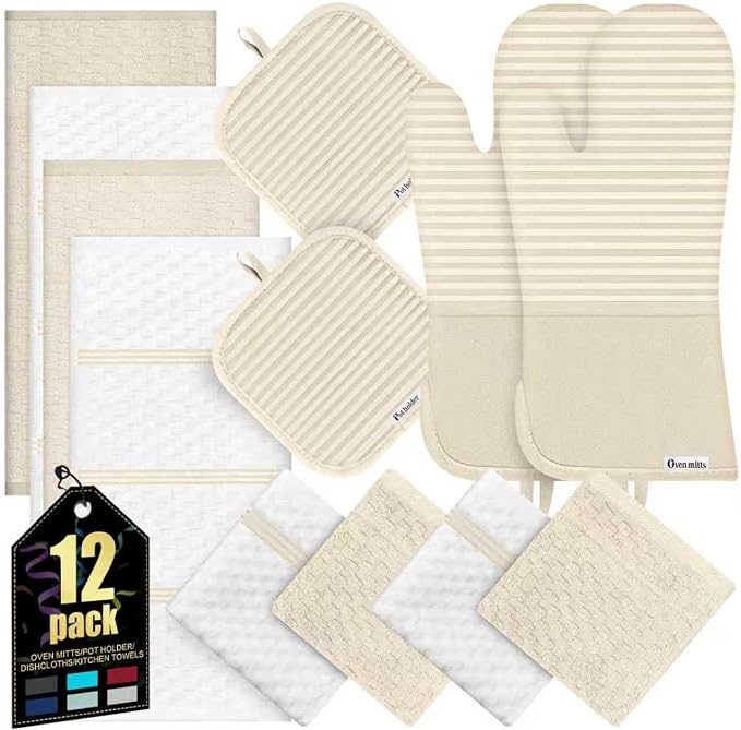 Oven Mitts Kitchen Towels and Dishcloths with Pot Holders Sets, Oven Gloves Hot Pads 500°F Heat Resistant with Silicone Grip, Include 2 Cooking Gloves/2 Potholders/4 Kitchen Towels/4 Dish Towels
