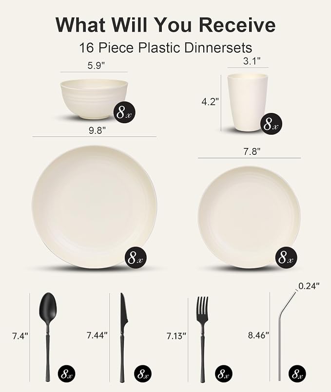 Quatish 64 Piece Plates and Bowls Sets for 8, Unbreakable Dinnerware Sets, Plastic Dish Set for Camping, Dishwasher Microwave Safe, Outdoor Kitchen and Apartment Dinning RV Essentials, Beige