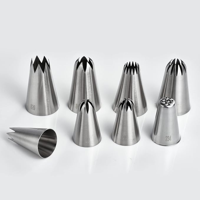 8Pcs Large Piping Tips Set,Stainless Steel Icing Tips with 10 Disposable Pastry Bags for Cake Decorating