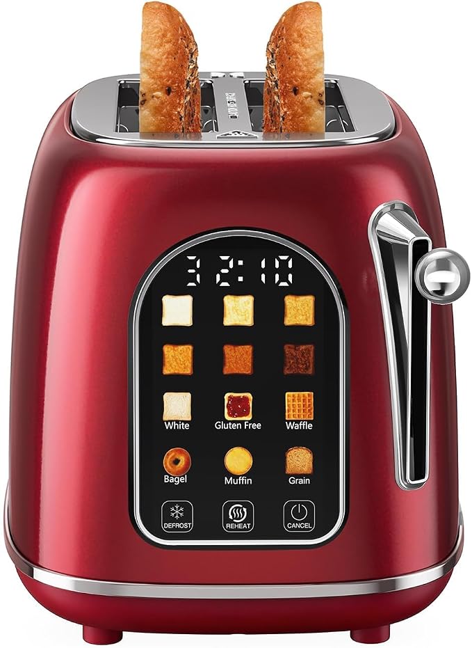 Mecity Toaster 2 Slice, Touch Screen Wide Slot Retro Toaster For Breads Bagel Muffin Waffle, House Warming Gift New Home, 120V 825W, Red Pearl