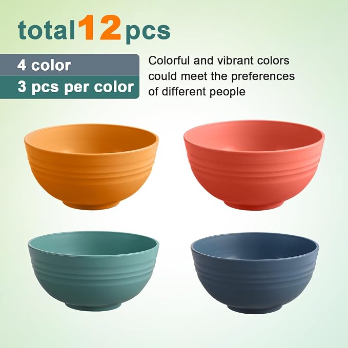 HEYCOME 12 Pcs Unbreakable Cereal Bowls Set, 26 Oz Wheat Straw Bowls Set, Microwave & Dishwasher Safe Bowls for Kitchen, Reusable Plastic Bowls for Soup, Salad and Snack, BPA Free, Multicolor