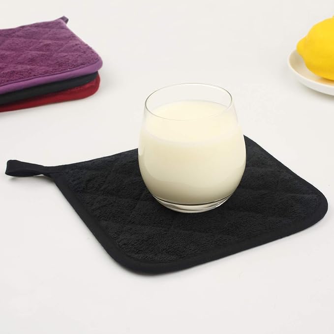 Pot Holders for Kitchen, 100% Cotton Terry Pot Holder Set of 5, Heat Resistant Hot Pads for Cooking, Baking, Hot Dishes and Countertop Protection,Black