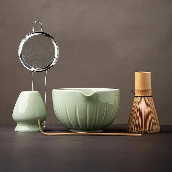 TANG PIN Matcha Set - Match Bowl and Whisk, 15 OZ Matcha Whisk Set | Matcha Scoop | Matcha Whisk Stand (Chasen Holder) - 5pc Perfect Matcha Kit for Matcha Tea Ceremony (Green)