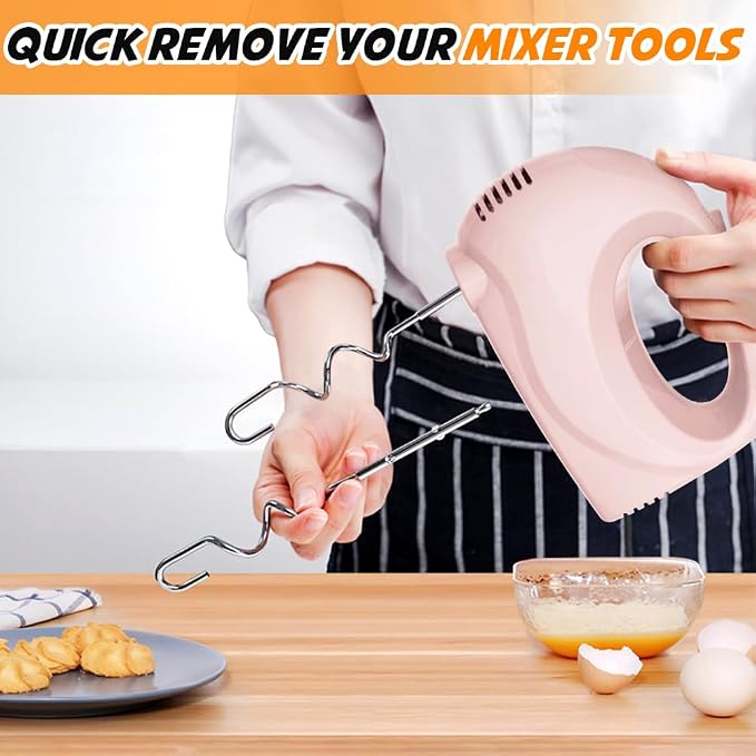 Showvigor Electric Hand Mixer with 5 Stainless Steel Whisks,5 Speed,Pink | Portable Kitchen Mixer Electric Whisk, Food Beater for Whipping Mixing Cookies