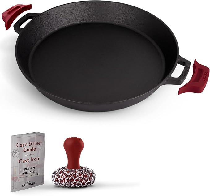 Cuisinel Cast Iron Skillet + Chainmail Scrubber Cleaner - 17"-Inch Dual Handle Braiser Frying Pan + Silicone Handle Covers - Pre-Seasoned Oven, Grill, BBQ, Stovetop, Fire Cookware - Indoor/Outdoor Use