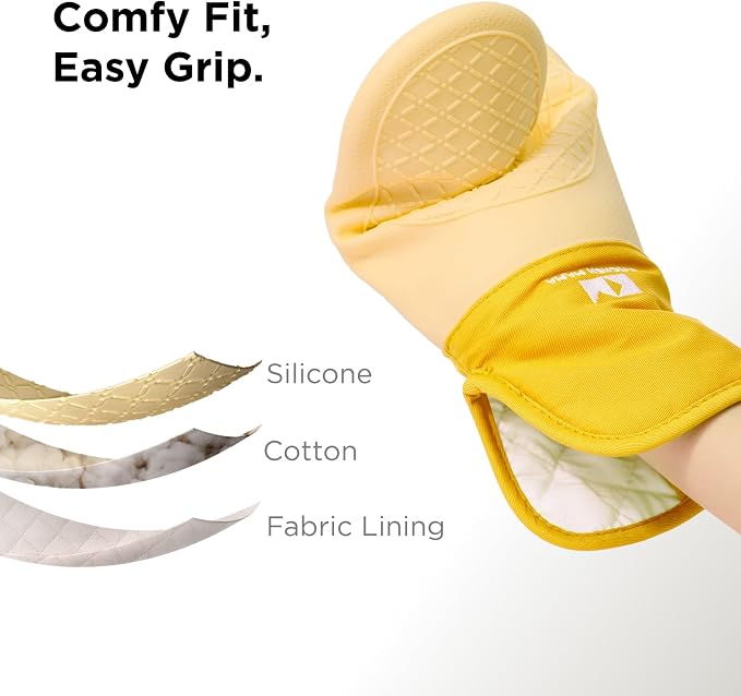 Kitchen Mama UltraShield Silicone Oven Mitts, Yellow | Heat Resistant, Non-Slip Surface, Waterproof, Flexible, Durable