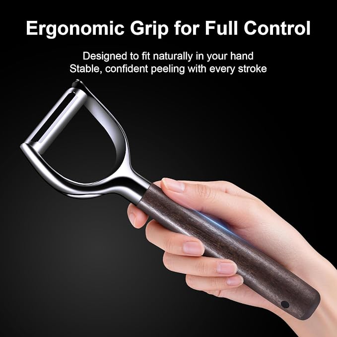 Premium Vegetable Peeler, Stainless Steel Potato Peeler with Ergonomic Wood Handle, Sharp Veggie Peeler for Potatoes, Carrots, Fruits & Cabbage, Professional Peeler for Kitchen (Y+I Set)