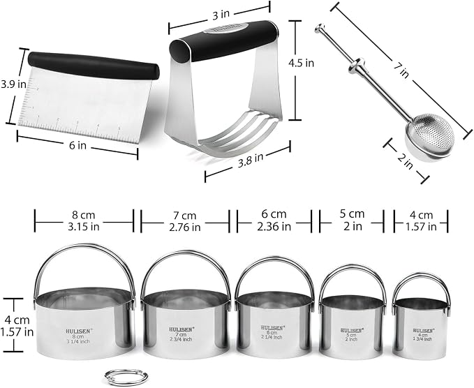 HULISEN 5-Pc Biscuit Cutters, Flour Duster, Pastry Scraper, Dough Blender | Stainless Steel, Dishwasher Safe, Etched inch/cm Markings, Gift Package, Ergonomic Rubber Grip, Professional Baking Tools