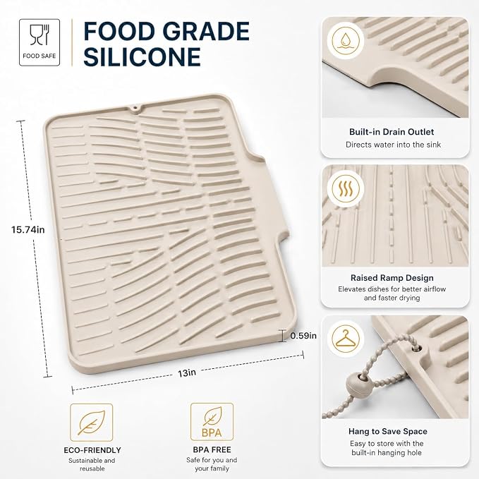 Silicone Dish Drying Mat with Drain Lip (Beige, 15.8inx13in) | Raised ridges elevate dishes and create space for water to move across the silicone surface.