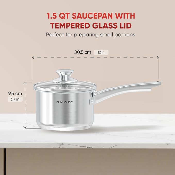 SUNHOUSE 1.5 QT Stainless Steel Sauce Pan with Lid, Small Pot for Cooking | PFOA-Free Uncoated Milk Pan & Butter Warmer, Mini Saucepan with Impact Bonding Base for Induction, Gas, Electric