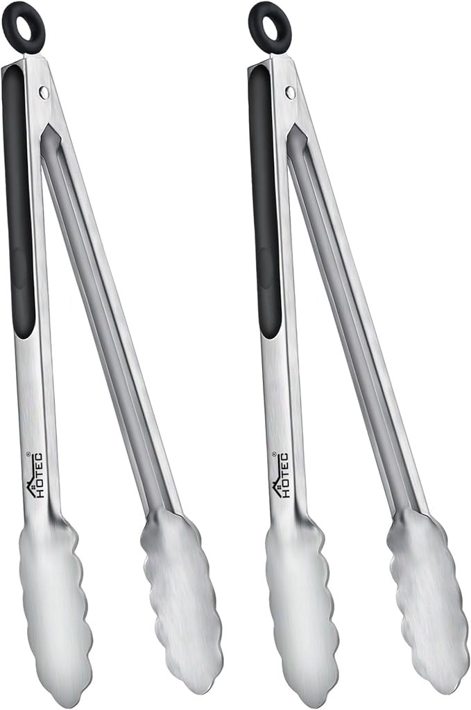 Hotec Stainless Steel Kitchen Tongs, Locking Metal Food Tongs for Cooking, Serving, BBQ, Grill & Air Fryer with Non-Slip Grip, Set of 2-12"