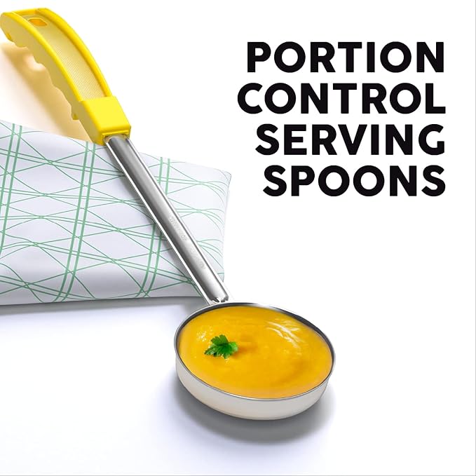 Portion Control Serving Spoons, 8 Piece Set | Restaurant Measuring Serving Ladle Utensils, Includes 2, 4, 6, 8 oz Solid & Perforated Scoops, 14-1/4" Long