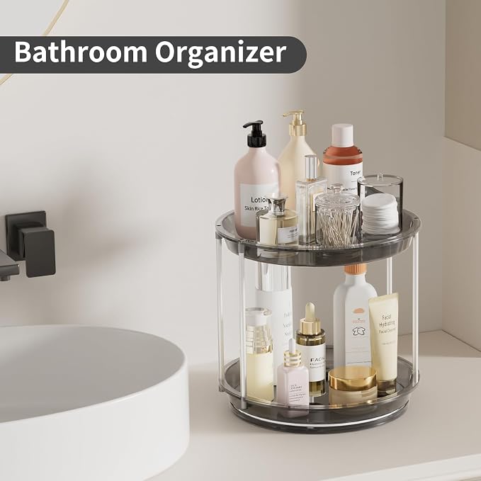 Rotating Makeup Organizer, Perfume Skincare Holder, 2 Tier 9 Inch, Gray | 360° Smooth Spinning Vanity Tray, Large Capacity, Space-Saving Cosmetics Storage for Bathroom Countertop, Dresser