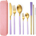 AARainbow 8 Pieces Stainless Steel Flatware Set Portable Reusable Cutlery Set Travel Utensils Set Including Chopsticks Knife Fork Spoon Straws Cleaning Brush Dishwasher Safe (B-Purple Golden)