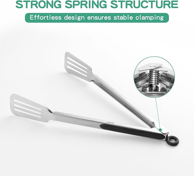 Tongs for Cooking, Set of 2 Metal Spatula Tongs for Grilling, Black | 9 inch & 12 inch, Flat Spatula Head, Comfortable Handle, Strong Grip, Easy Pull Lock, Flipping Utensil