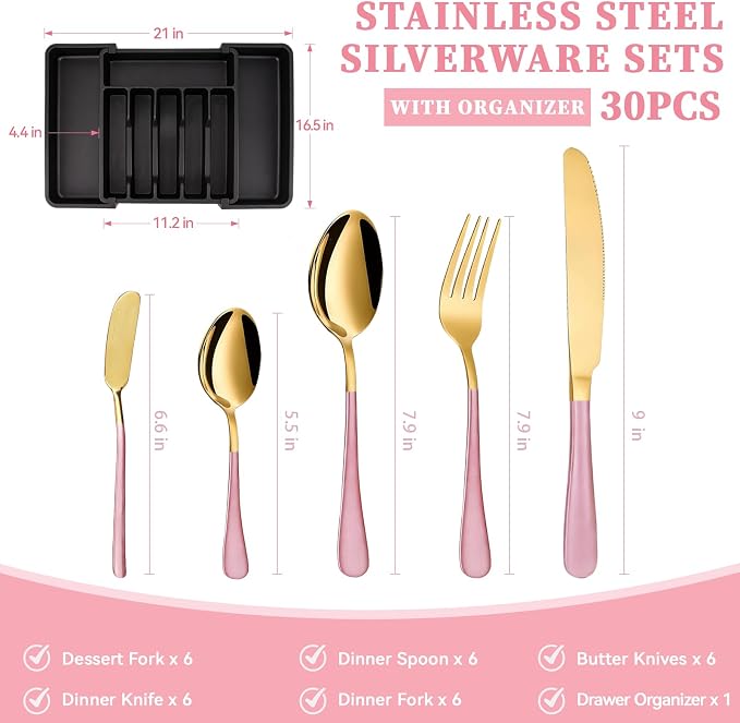 30 Pieces Silverware Set with Organizer, Stainless Steel Cutlery Set Flatware Set for 6 Person, Tableware Set Includes Dinner Knives Forks Spoons Teaspoons Butter Knives (Pink Gold-30PCS)