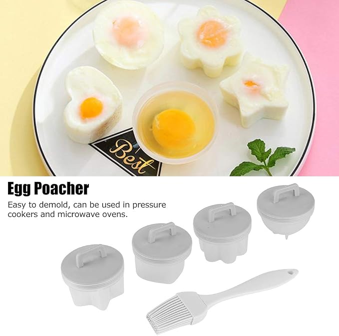 Boiled Egg Maker,4Pcs Plastic Cooker Boiler Pudding Mold with Oil Brush,Non-stick Poached Egg Cups,Fast Poaching Fun Design for Breakfast Kitchen Gadgets (Gray)