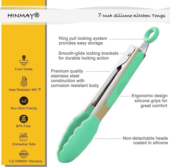 HINMAY Mini Tongs with Silicone Tips 7-Inch Cooking Tongs, Set of 3 (Mint)