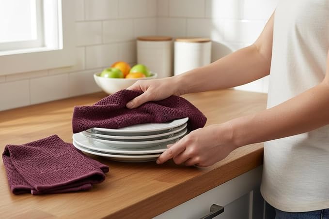 Burgundy Red Wine Kitchen Dish Towels, Set of 3, 100% Cotton, 18" x 28" | Terry Loop Textured, Soft & Absorbent Cleaning Cloth, Quick Dry, Multipurpose for Everyday Use