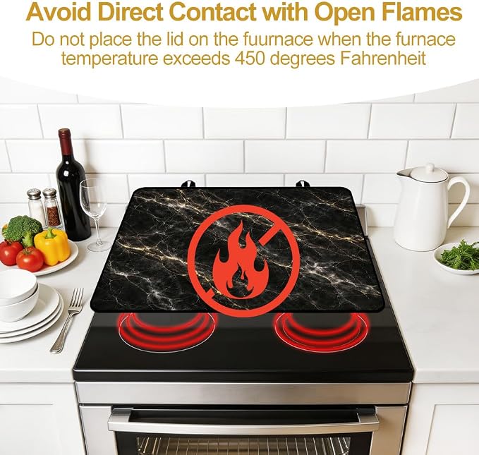Black Gold Marble Stove Top Cover for Electric Gas Glass Top Stove | Black and gold marble kitchen decor; non-slip stovetop cover, glass cooktop cover, faux marble counter mat for glam kitchen
