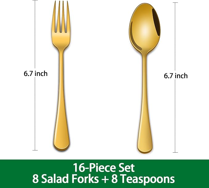 6.7 Inch Salad Forks And Teaspoon Set of 16, Gold Stainless Steel Forks And Spoons Silverware Set, Metal Small Spoon And Fork Set