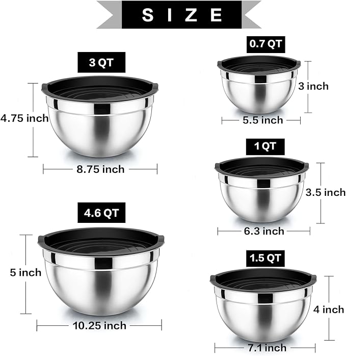 P&P CHEF Metal Mixing Bowls with Lids Set, Airtight Lids & Black | 5 PCS Stainless Steel Mixing Nesting Bowls for Kitchen Prepping, Storing, Healthy & Easy Clean, Size 4.6, 3, 1.5, 1, 0.7 QT