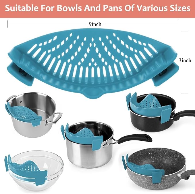 YEVIOR Clip on Strainer for Pots Pan Pasta,Silicone Food Pan Strainer | Food-grade BPA-free,Kitchen Food Strainer for Spaghetti, Pasta,Vegetable Fruits Fits All Bowls and Pots (Teal)