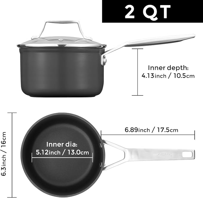 MsMk 2 QT Nonstick Saucepan with Lid, Grey Induction Cooking Pot | Non Toxic, Even Heating, Easy Clean, Dishwasher & Oven Safe, suitable for gas & electric & induction stoves, PFOA & PFAS Free