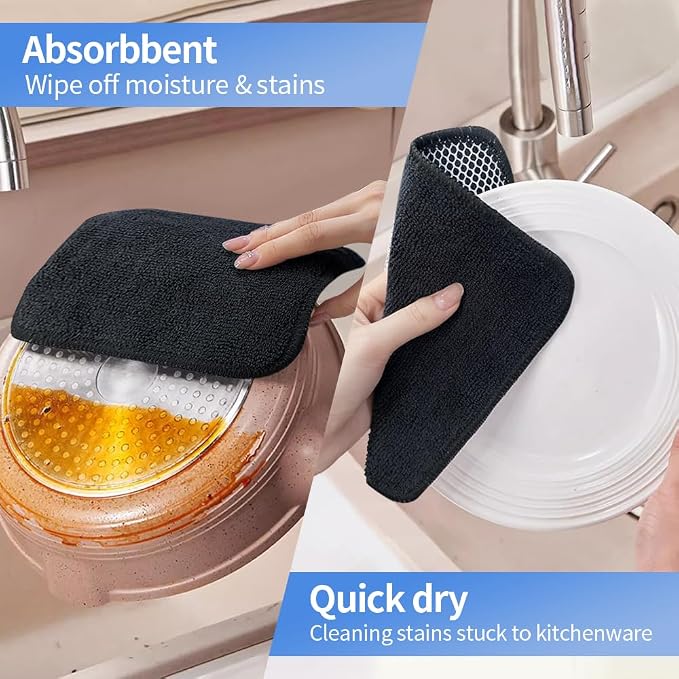 Dish Cloths with Scrub Side, Microfiber Dish Rags Kitchen Washcloths | Absorbent dish cloths for washing dishes with scrubber side Quick dry kitchen wash cloths and dish rags 9 Pack 7 Inch Black