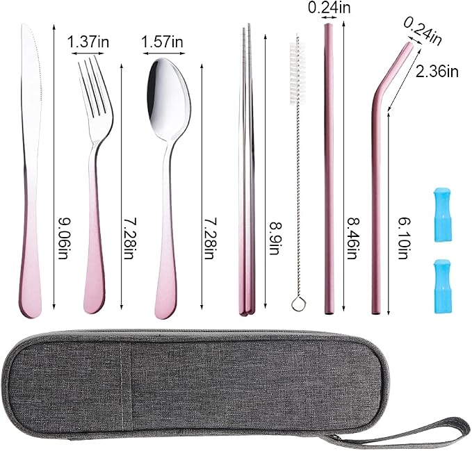 Travel Utensils Set with Case Reusable Portable Cutlery Set Stainless Steel 8pcs Including Dinner Knife Fork Spoon Chopsticks straws(Gradient Pink) | Dishwasher Including Dinner Knife Fork Spoon Chopsticks Straws Travel Fork Spoon Knife for Work, Campi...