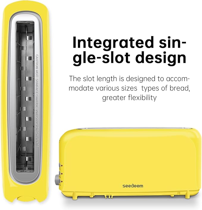 SEEDEEM 2 Slice Slim Toaster, 10" Long Slot, 6 Shade Settings, Yellow | Long Slot, 6 Shade Settings, Cancel/Reheat/Defrost, Removable Crumb Tray