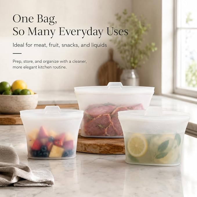 Reusable Silicone Food Storage Bags, 3 Pack 17/34/50 oz, Snack & Meal Prep(Clear)
