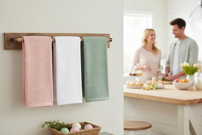 Sage Pink White Kitchen Hand Dish Towels, Set of 3, 100% Cotton, 18" x 28" | Terry Loop Textured, Soft & Absorbent Cleaning Cloth, Quick Dry, Multipurpose for Everyday Use