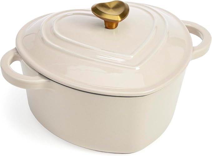 Paris Hilton Enameled Cast Iron Dutch Oven Pot with Lid, Heart-Shaped Dutch Oven, Durable Cast Iron Pot with Dual Handles, Oven Safe to 500°F, Works on All Stovetops, 4-Quart, Cream