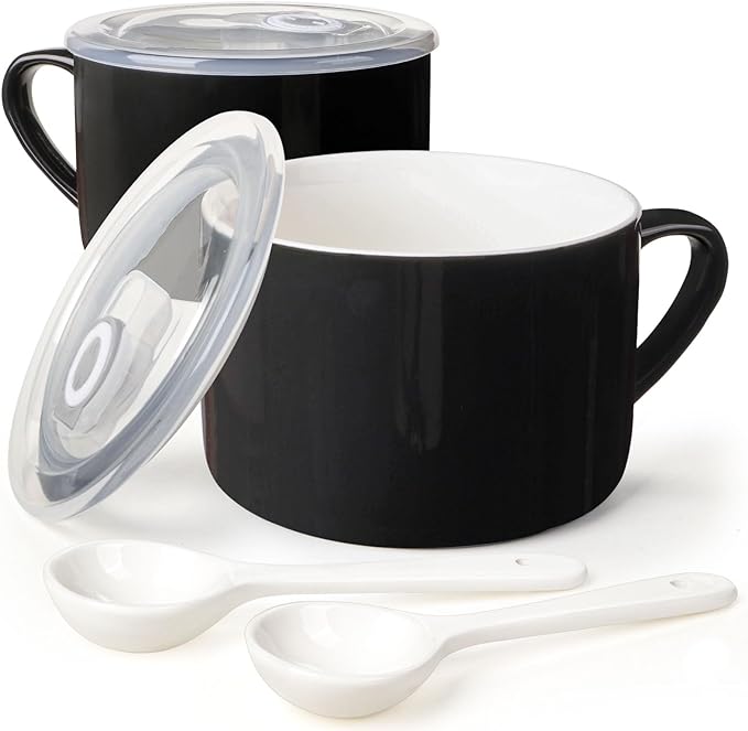 Soup Bowls with Handles & Spoons, 30oz Ceramic Ramen Bowl with Lid, Large Soup Mugs/Cups for Instant Noodle, Big Cereal Bowls for Oatmeal, Soup Containers with Lids, Set of 2, Black
