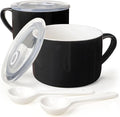 Soup Bowls with Handles & Spoons, 30oz Ceramic Ramen Bowl with Lid, Large Soup Mugs/Cups for Instant Noodle, Big Cereal Bowls for Oatmeal, Soup Containers with Lids, Set of 2, Black