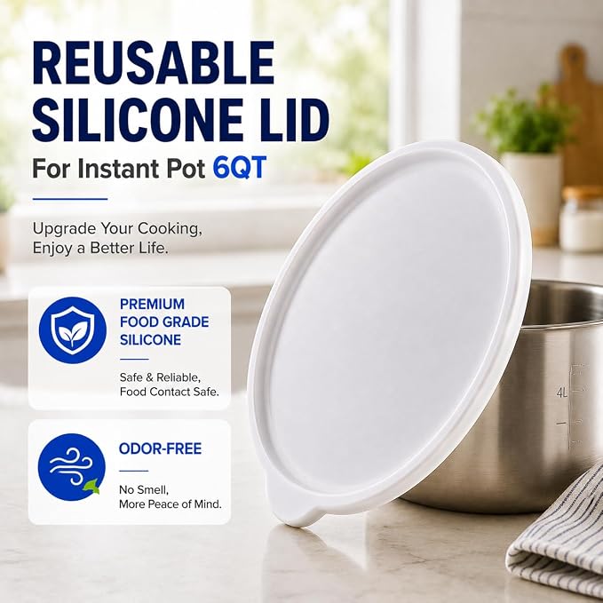 Airtight Silicone Lid with Easy Grip Handle for Instant Pot 6 Qt | Leakproof & Spill Proof Inner Pot Cover for Food Storage, BPA Free, Dishwasher Safe
