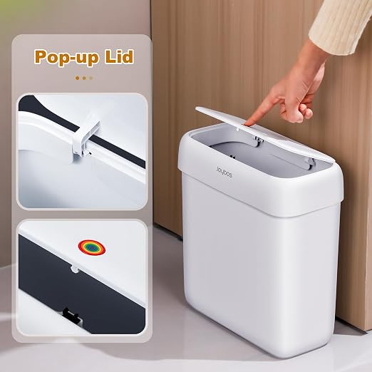 JOYBOS 2 Pack Bathroom Trash Can with Lid, 3 Gal/12 L & 2.7 Gal/10L Garbage Can with Pop-Up Lid,Small Spaces Plastic Trash Can, Slim Trash Bin Waste Basket for Bathroom,Rv, Office, White