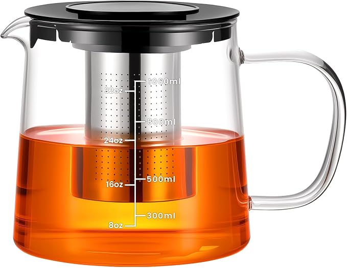 PARACITY Tea Pot with Infuser, Clear Stovetop Glass Tea Kettle with Scale | Borosilicate body and removable 18/8 stainless steel strainer support blooming and loose leaf brewing with measurements