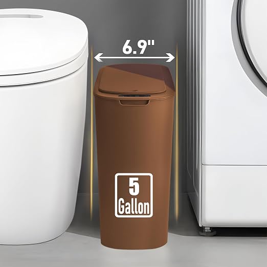 TIPGO 5 Gallon Automatic Bathroom Trash Can with Lid, Brown, Touchless | Motion Sensor, Slim Smart Garbage Bin, Plastic Wastebasket, Battery Operated, Manual Button, for Bedroom, Office,RV