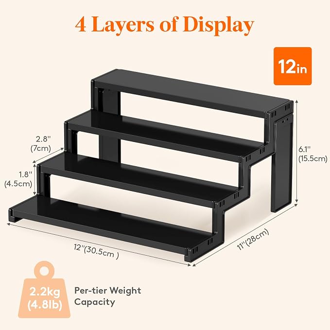 Lifewit 12″ Spice Rack, Perfume Cologne Stand,Tool-Free Assembly, 1 Pcs | 4-Tier Black Display Riser Shelf, Cupcake Stand, Seasoning Figurine Makeup Holder, Room Decor, Kitchen Cabinet Storage