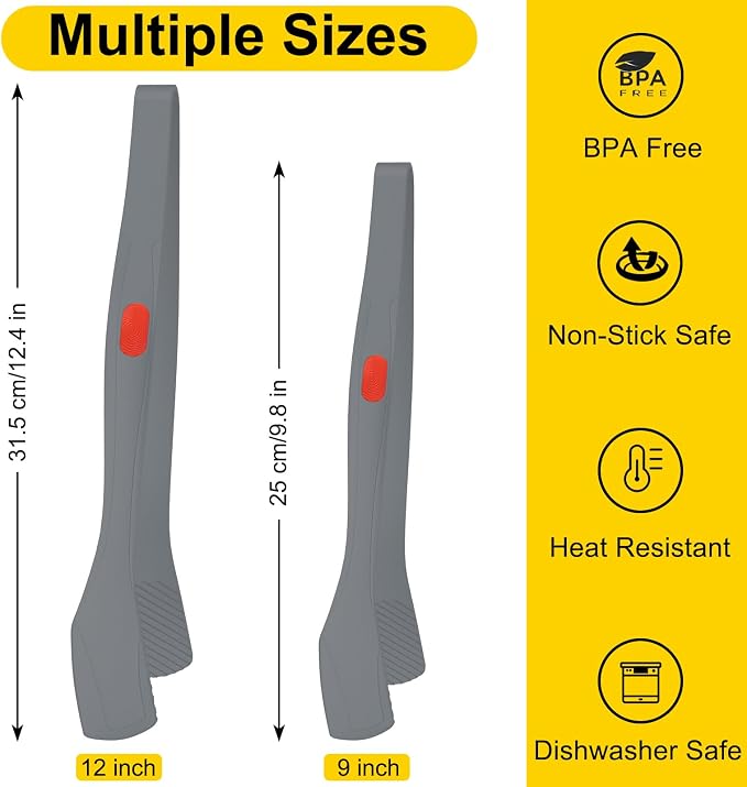 Beijiyi Silicone Kitchen Tongs for Cooking, 9" & 12", Heat Resistant (Gray) | BPA-Free Silicone Tip, Non-Stick Safe, Stainless Steel Core, Food Tongs for Cooking, Serving and Grilling, Dishwasher Safe
