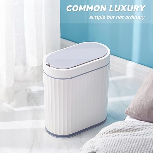 ELPHECO Bathroom Trash Can with Lid, 2 Gallon, Motion Sensor, White Grey | Automatic Garbage Can, Slim Plastic Wastebasket, Smart Trash Bin for Bedroom, Bathroom and Office