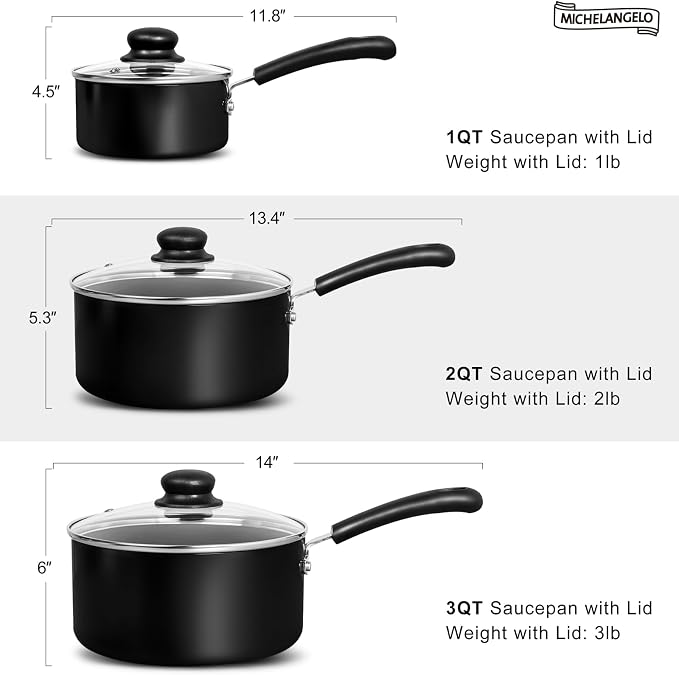 MICHELANGELO Nonstick Saucepan with Lid, Ceramic Sauce Pan Sets, Easy to Clean Sauce Pans, Multi-Purpose Cooking Pots, 1QT, Black