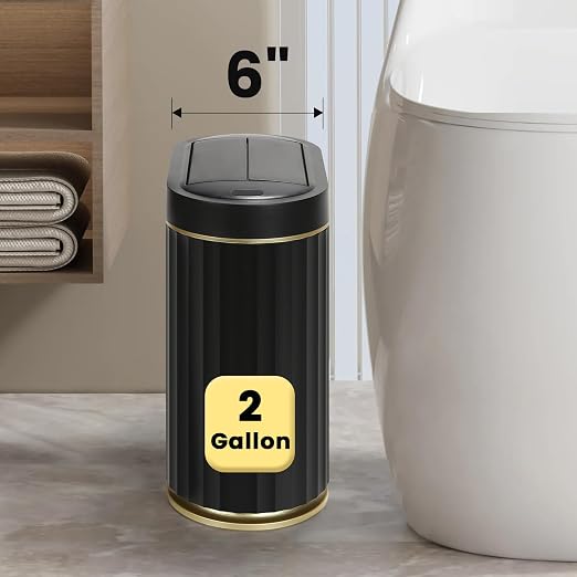 ELPHECO Motion Sensor Bathroom Trash Can with Lid 2 Gal Automatic Trash Can | Butterfly Lid, Room Decor Bathroom Accessories, Motion Sensor Wastebasket Garbage Can, Kitchen Living Room Office, Black Gold