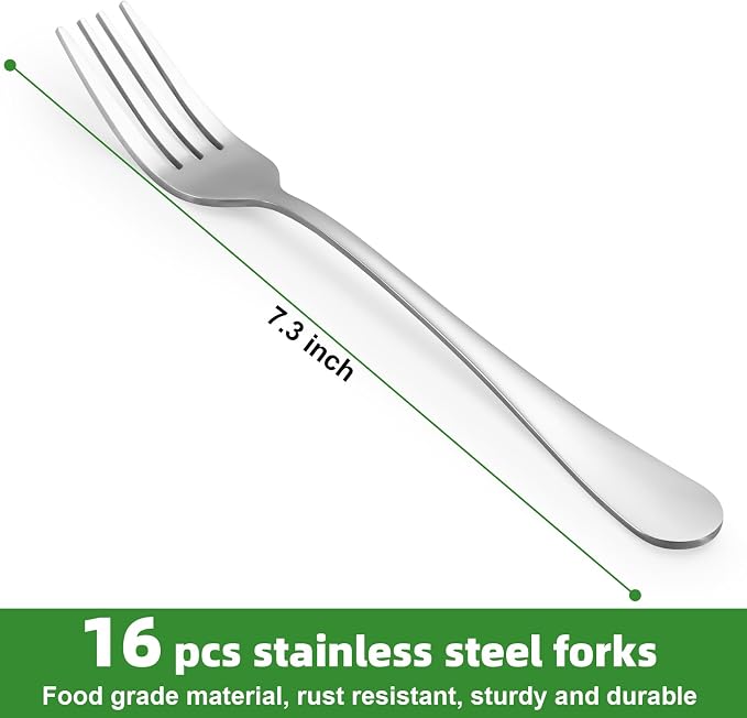 16 Piece Dinner Forks Set, Food-Grade Stainless Steel Forks Silverware, Cutlery Fork, Salad Fork, Metal Forks for Home, Kitchen or Restaurant, Mirror Polished, Dishwasher Safe - 7.3 Inch
