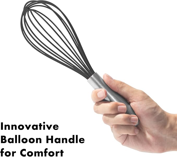 OYV 10-Inch Black Silicone Whisk, Non-Scratch, 18/10 Stainless Steel Handle | 480°F Heat Resistant, BPA-Free Silicone, Sealed Waterproof Handle, Nonstick-Safe, Dishwasher Safe