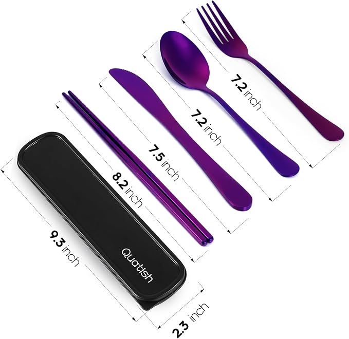 Travel Utensils with Case, Quatish 5 Piece Stainless Steel Silverware Set for Work, Portable Reusable Travel Cutlery Set, Fork and Spoon Set for Picnic, Camping, Gadgets, Lunch Box for Men, Purple