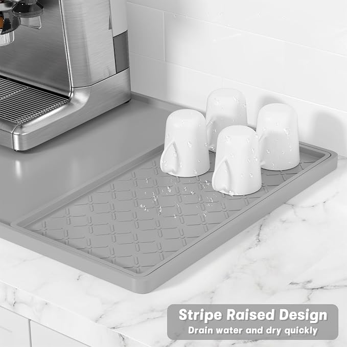 Rnivvi Silicone Coffee Mat, 16" x 24" Waterproof Raised Edge Coffee Bar Mats for Espresso Machine Station Accessories, Heat Resistant Detachable Dish Drying Pad for Kitchen Counter, Dish Rack, Gray